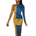 longue maxi sexy à une épaule et manches longues, ornée du drapeau suédois vintage, fendue et moulante, idéale pour les mariages et les fêtes.
