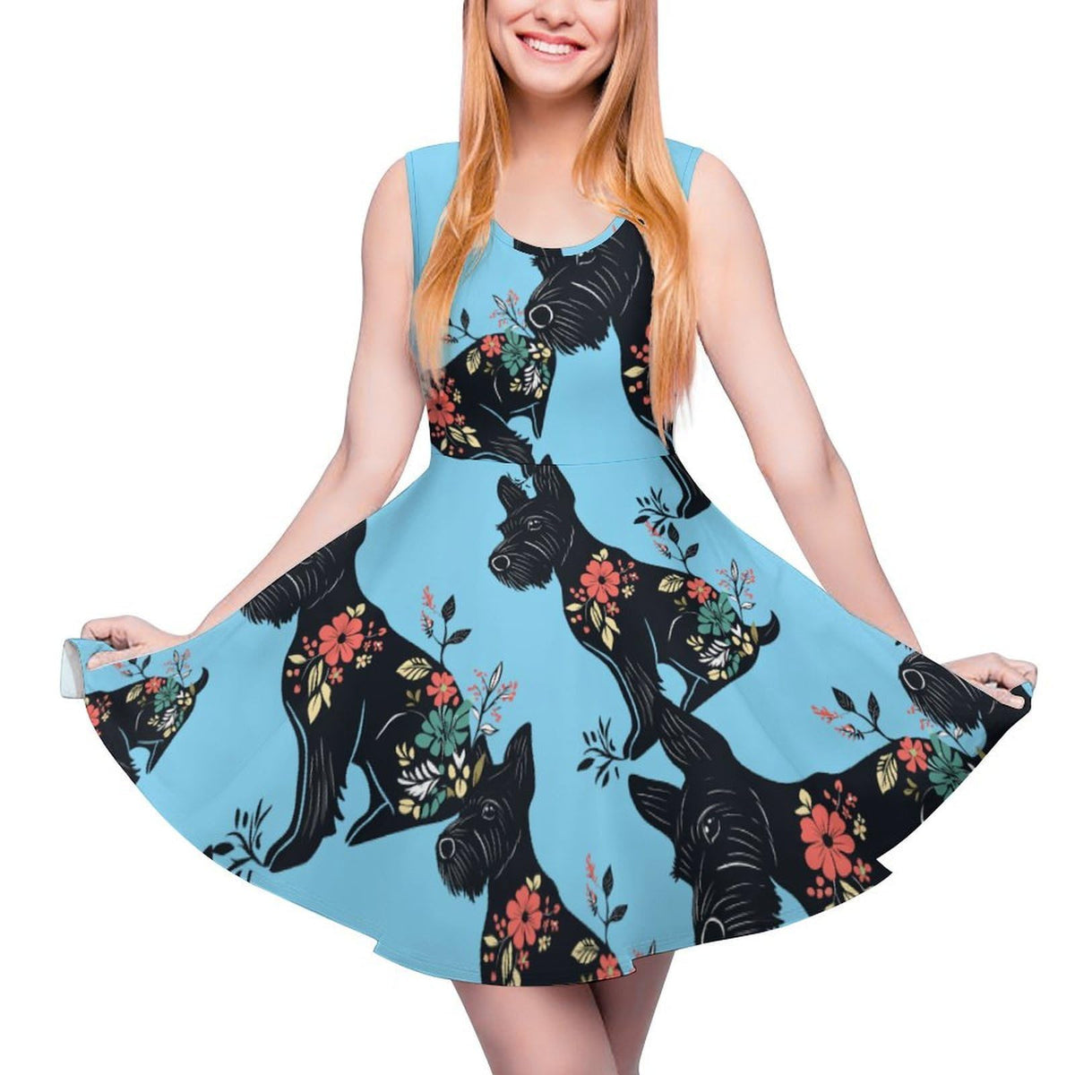 fleurie Scottish Terrier pour femme, robe à col rond, robe débardeur sans manches, robe d'été à ourlet volanté