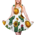 d'été pour femme à motif cactus et tournesol, col rond, sans manches, ourlet à volants